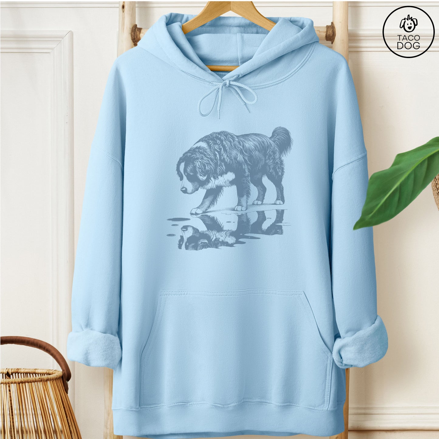 Bernese Mountain Dog Puddle Reflection Hoodie Light Blue Taco-Dog