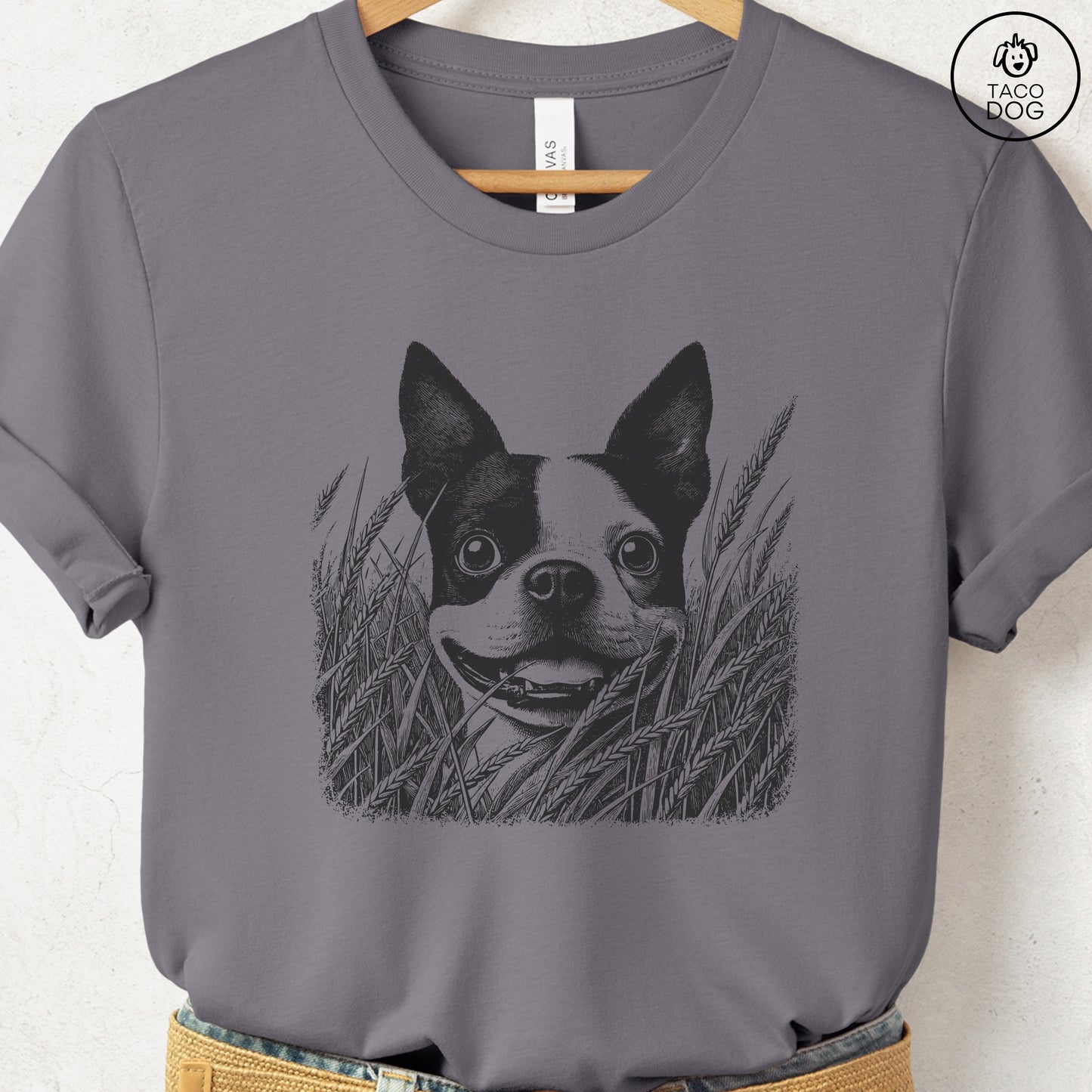 Boston Terrier in the Grass T-Shirt Storm Taco-Dog