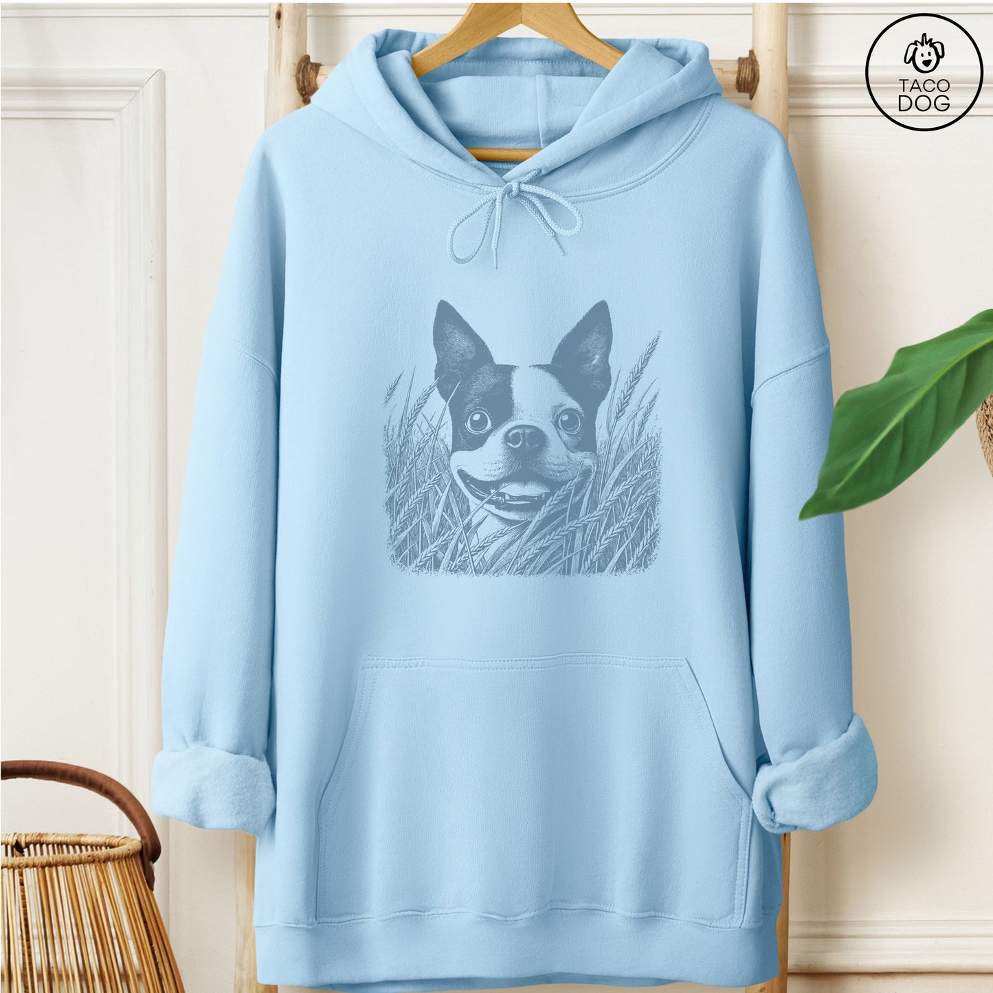 Boston Terrier in the Grass Hoodie Light Blue Taco-Dog