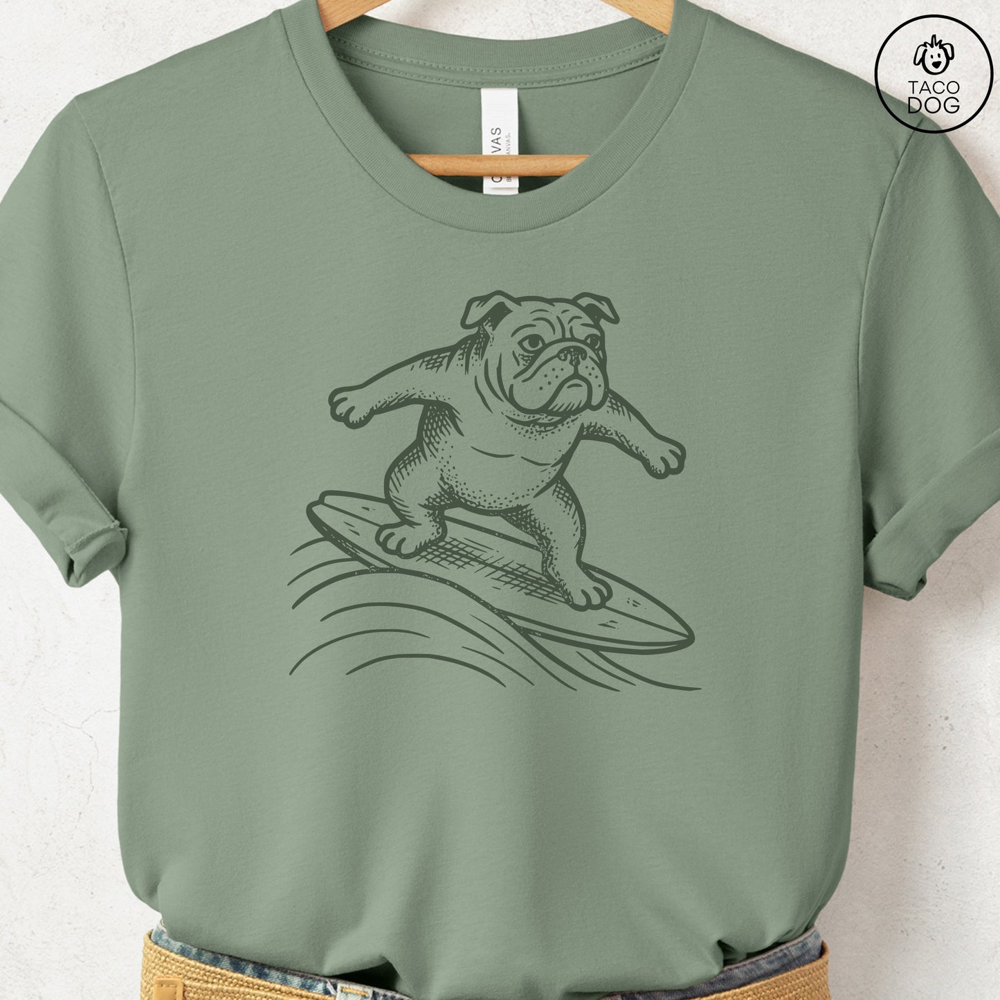 English Bulldog Surfing T-Shirt Taco-Dog