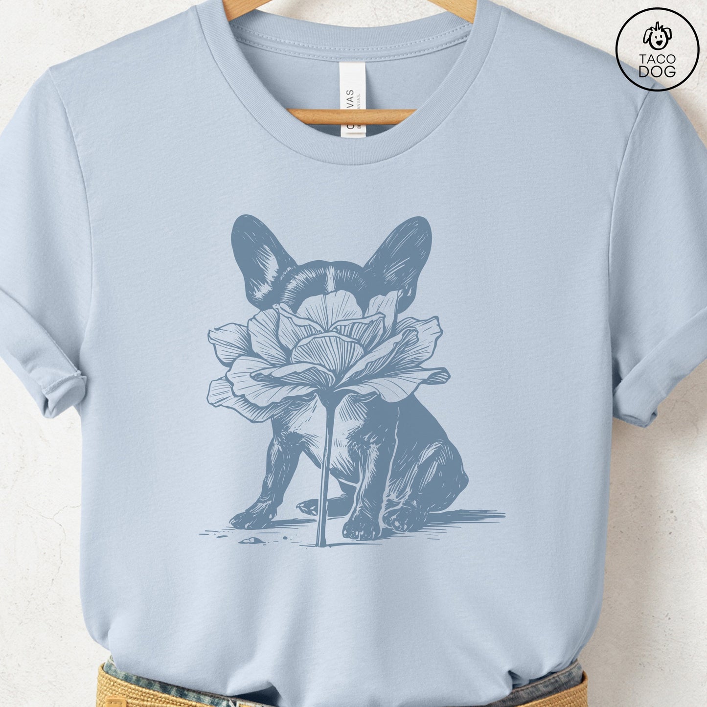 French Bulldog Frenchie Smell the Flowers T-Shirt Light Blue Taco-Dog