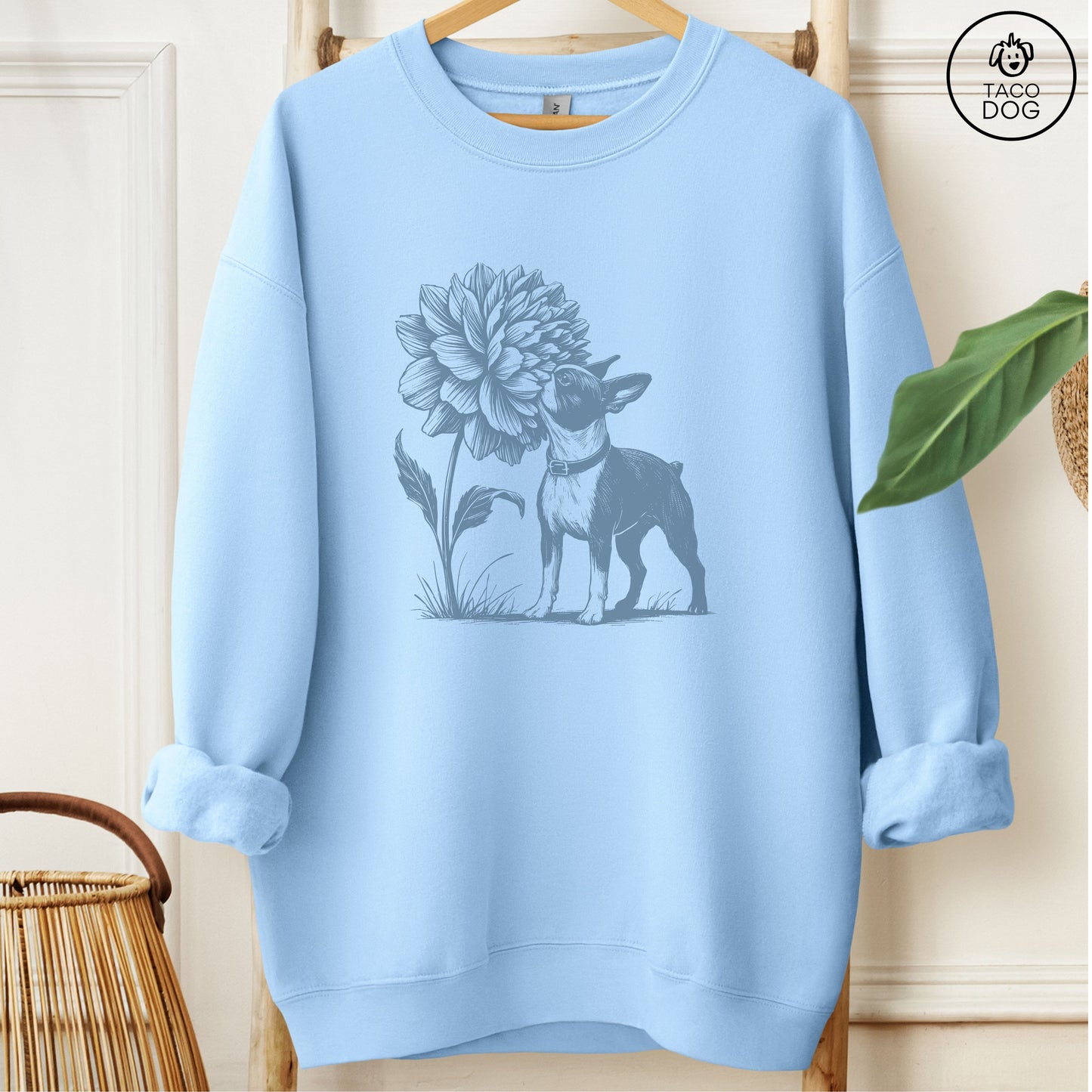 Boston Terrier Smell the Flowers Sweatshirt Light Blue Taco-Dog