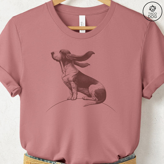 Basset Hound Tail Wind T-Shirt Heather Mauve Taco-Dog