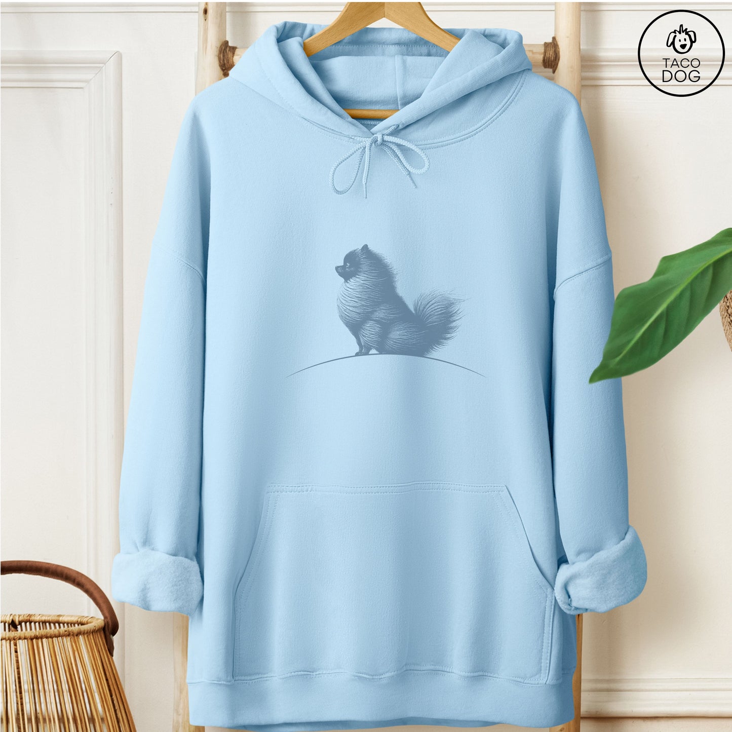 Pomeranian Tail Wind Hoodie Light Blue Taco-Dog
