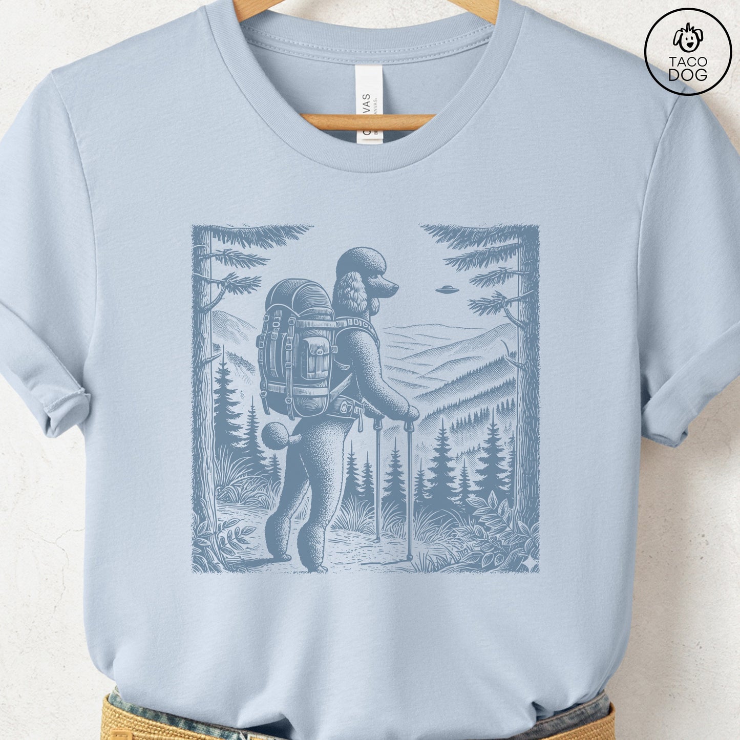 Poodle Hiking T-Shirt Light Blue Taco-Dog