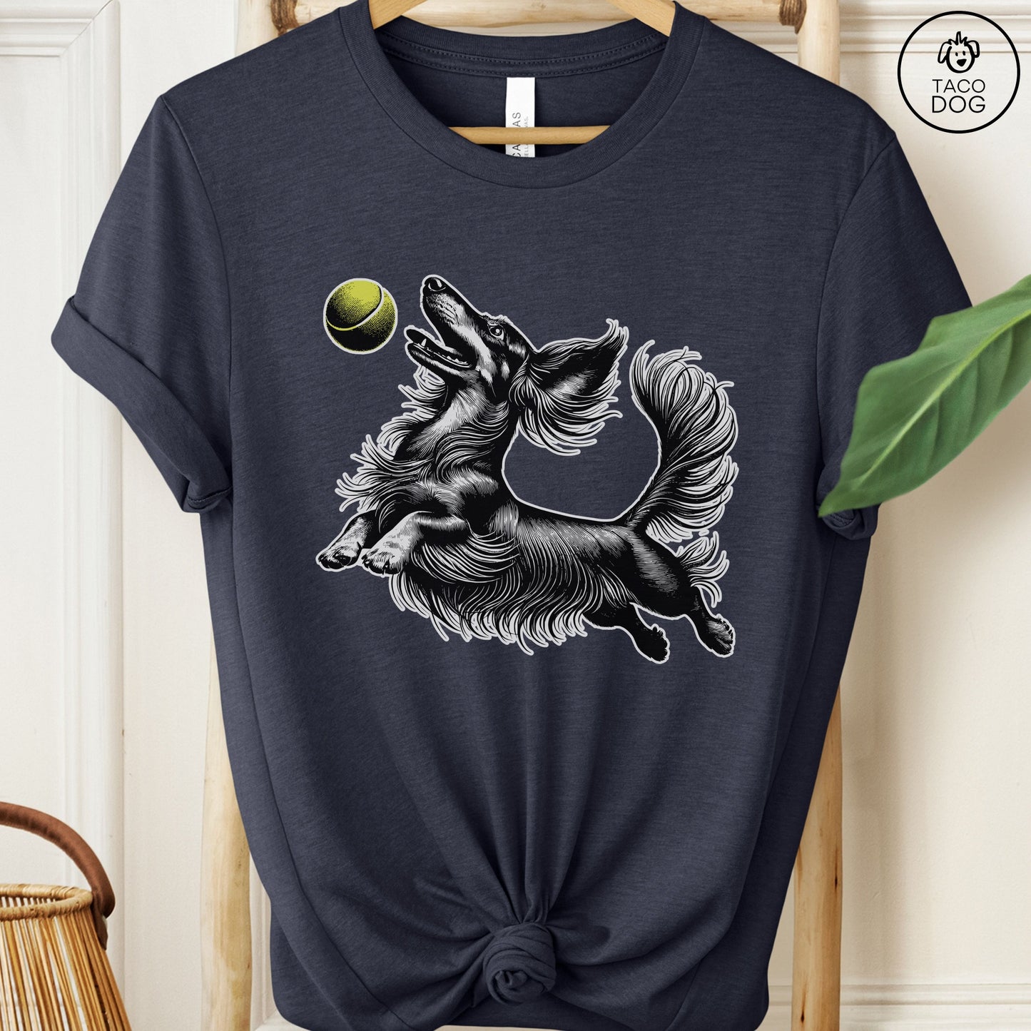 Dachshund Weenie Tennis Ball T-Shirt Heather Navy Taco-Dog