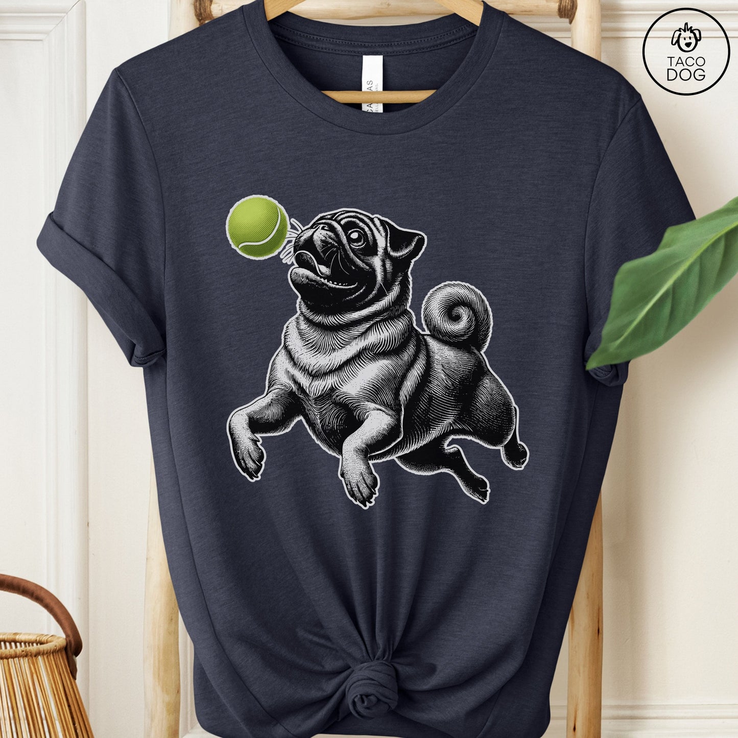 Pug Tennis Ball T-Shirt Heather Midnight Navy Taco-Dog