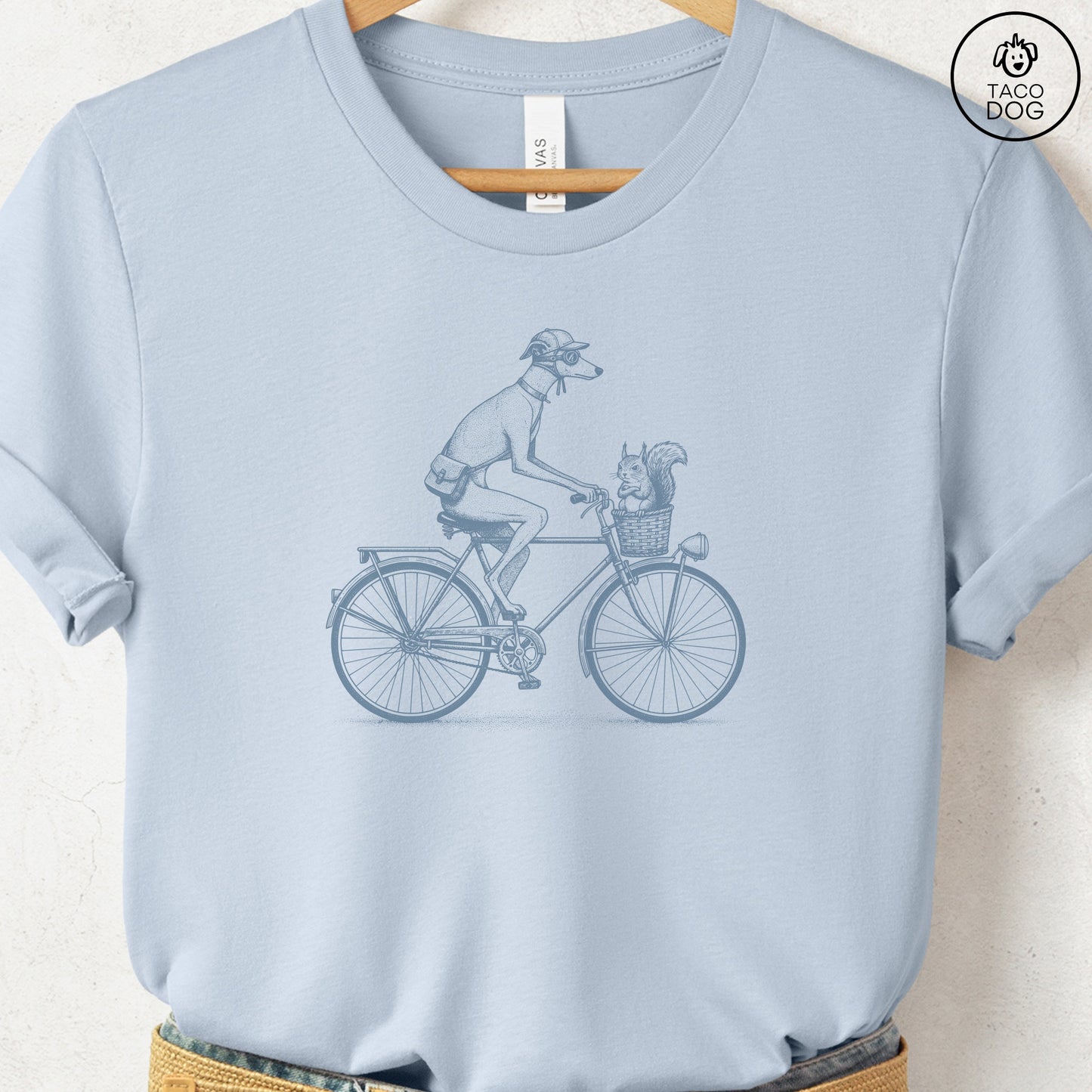Italian Greyhound Whippet Iggy Squirrel Bike T-Shirt Light Blue Taco-Dog
