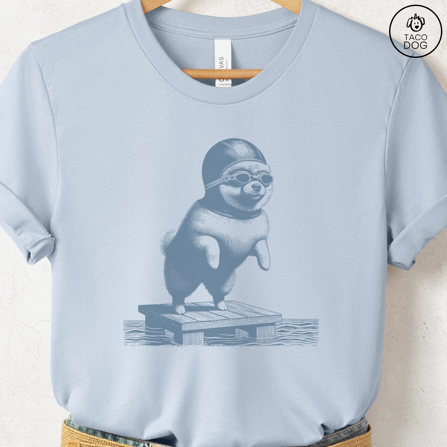 Pomeranian Swim T-Shirt Light Blue Taco-Dog