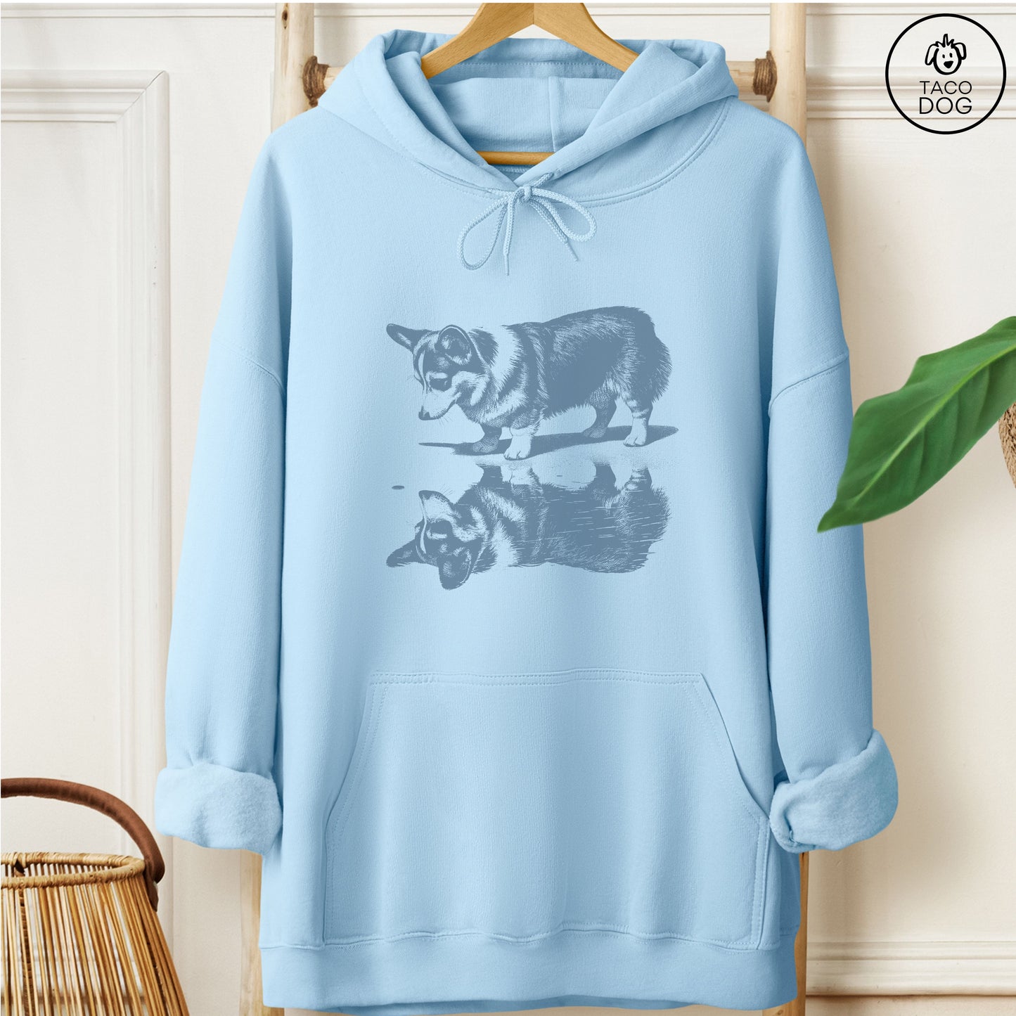 Corgi Puddle Reflection Hoodie Light Blue
