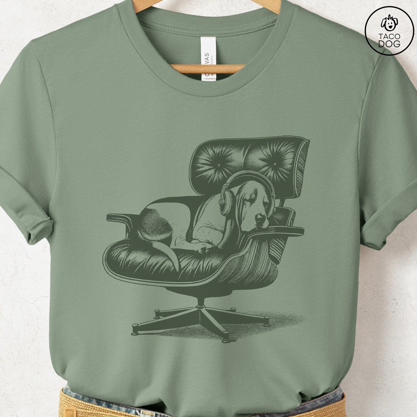 Basset Hound Eames Headphones T-Shirt Sage XS Taco-Dog