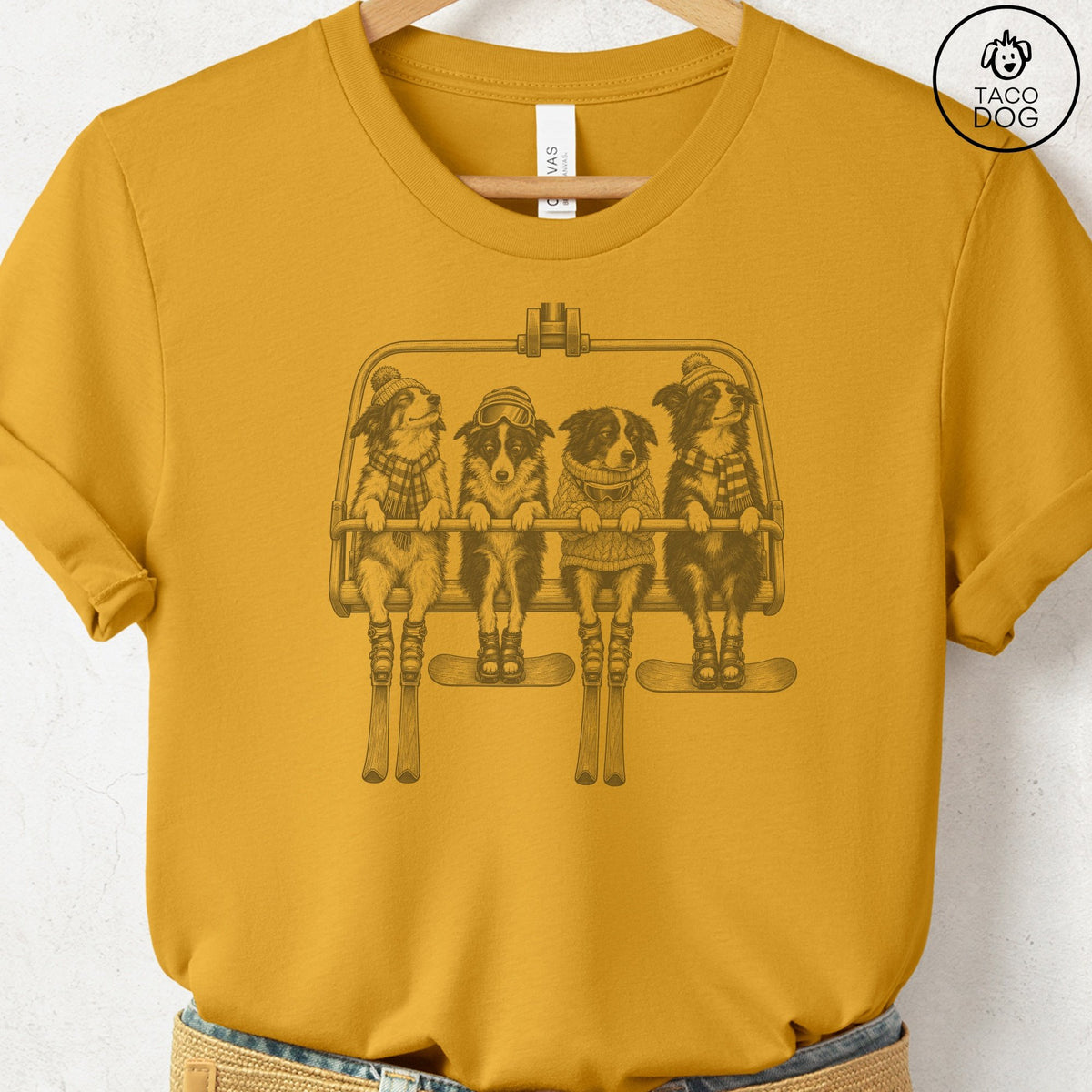 Border Collie Chair Lift T-Shirt Mustard Taco-Dog