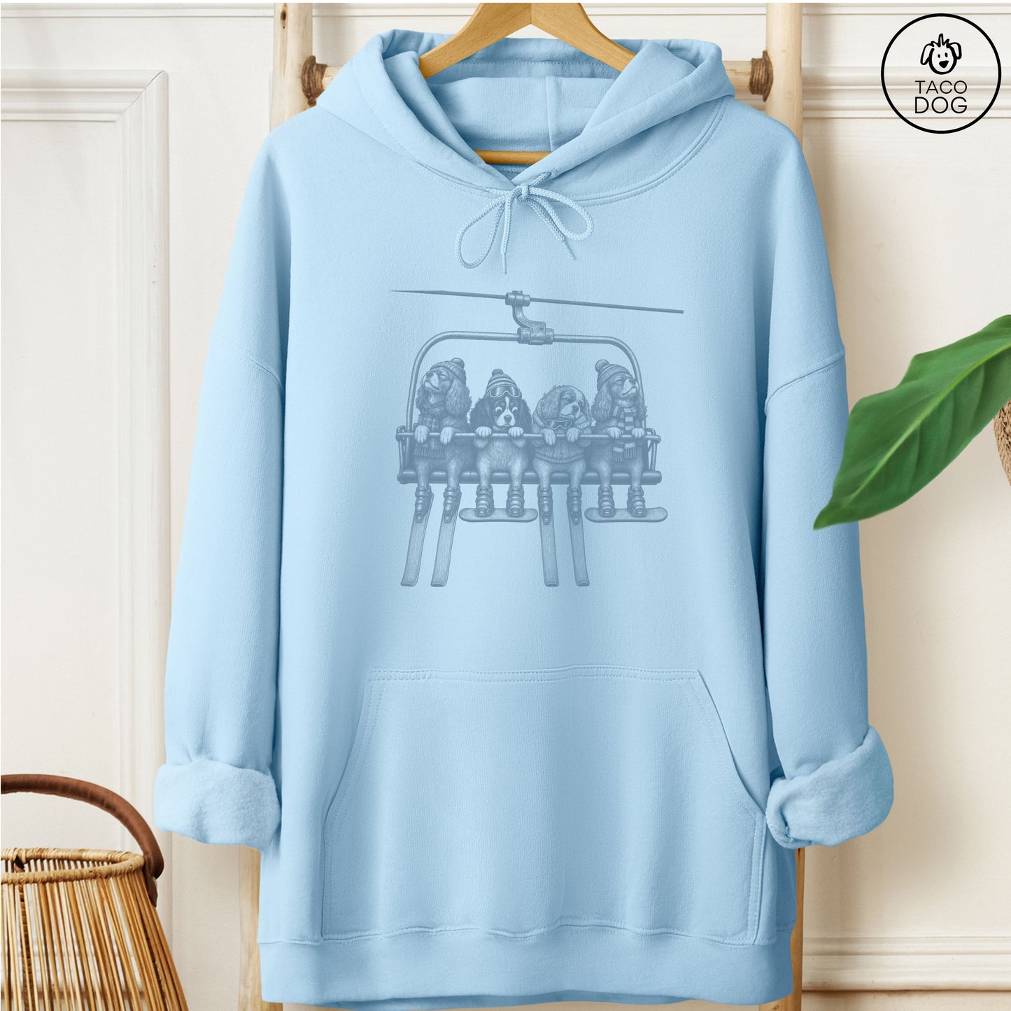 Cavalier King Charles Spaniel Chair Lift Hoodie Light Blue Taco-Dog