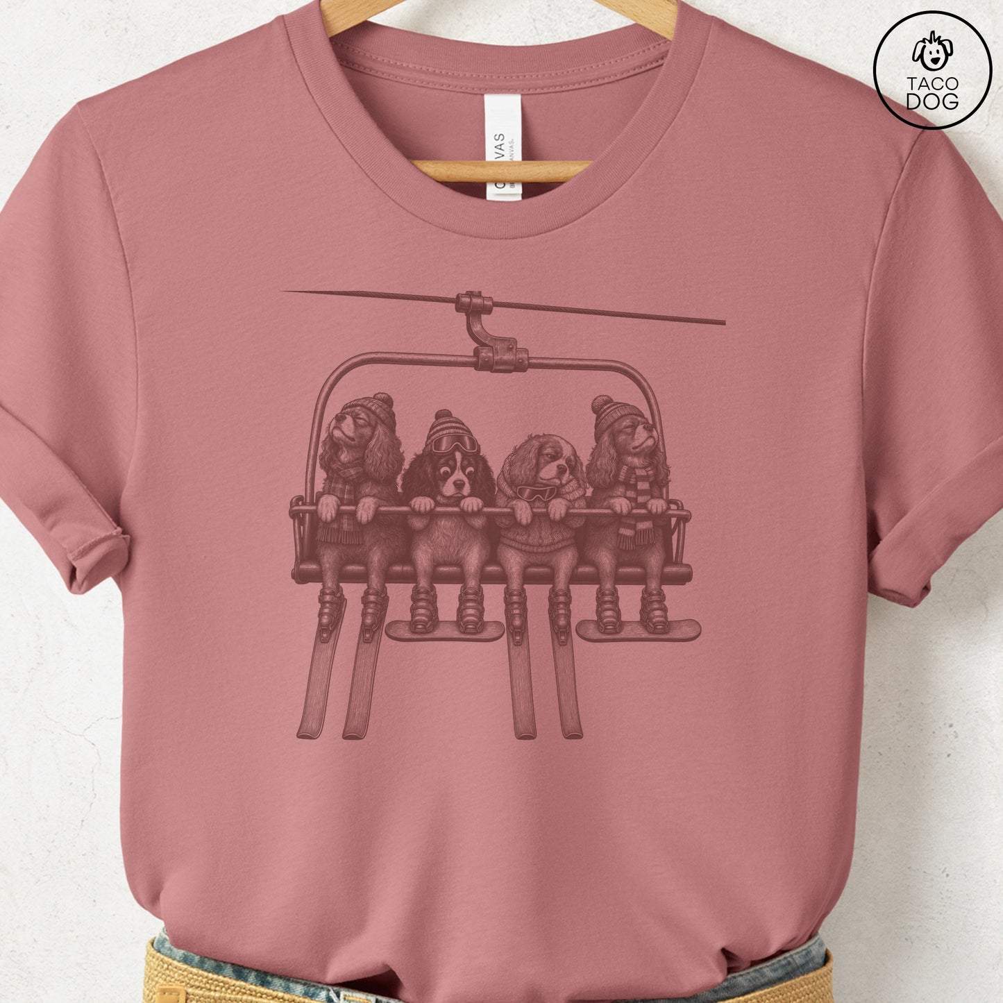 Cavalier King Charles Spaniel Chair Lift T-Shirt Heather Mauve Taco-Dog