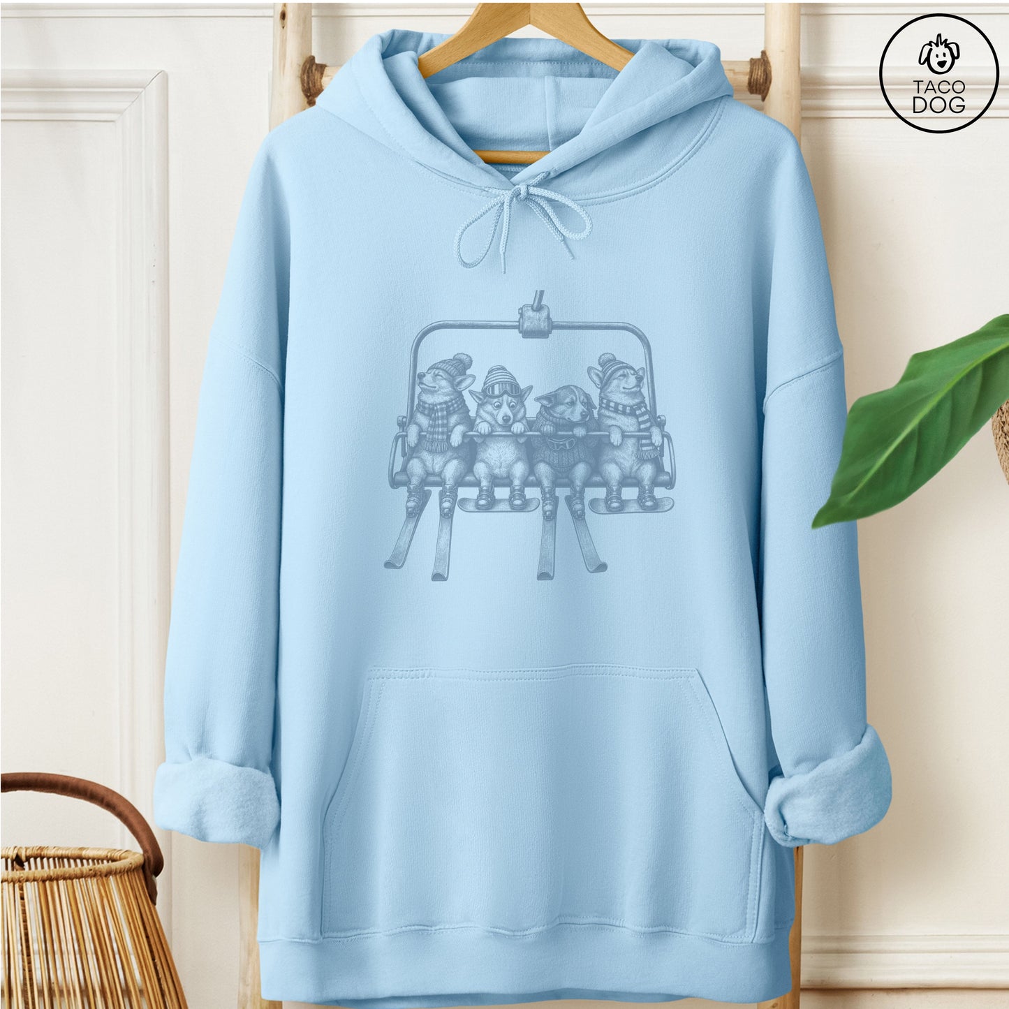 Corgi Chair Lift Hoodie Light Blue Taco-Dog