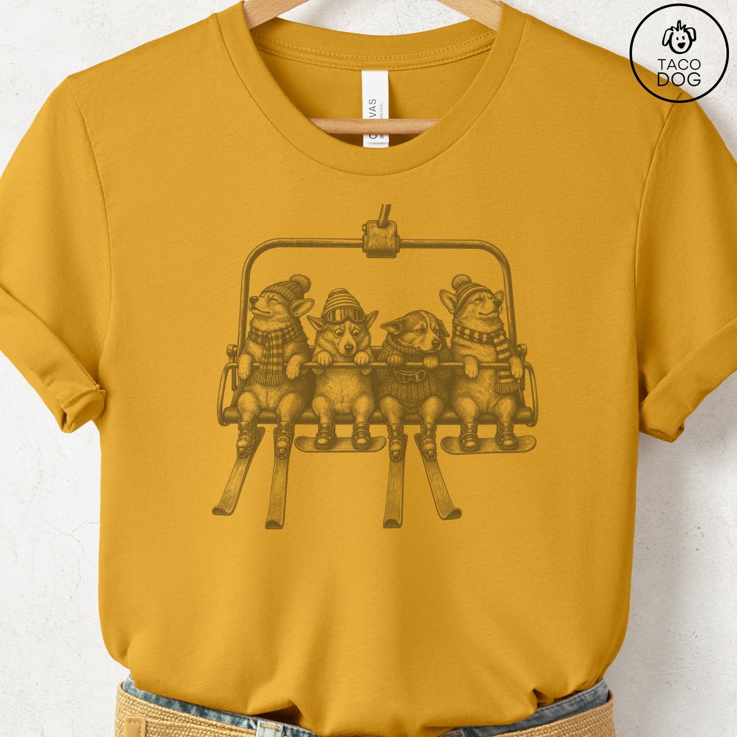 Corgi Chair Lift T-Shirt Mustard Taco-Dog