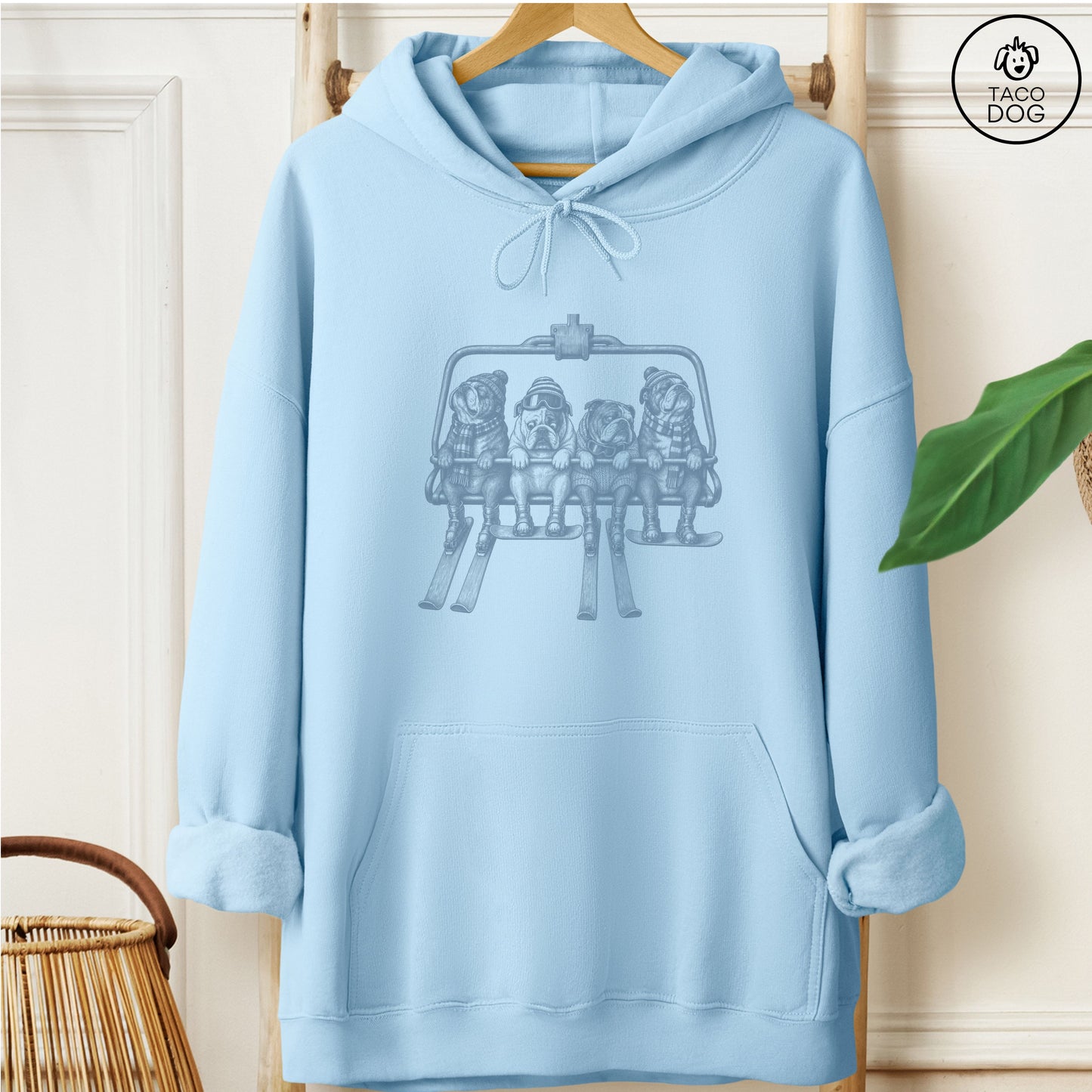 English Bulldog Chair Lift Hoodie Light Blue Taco-Dog