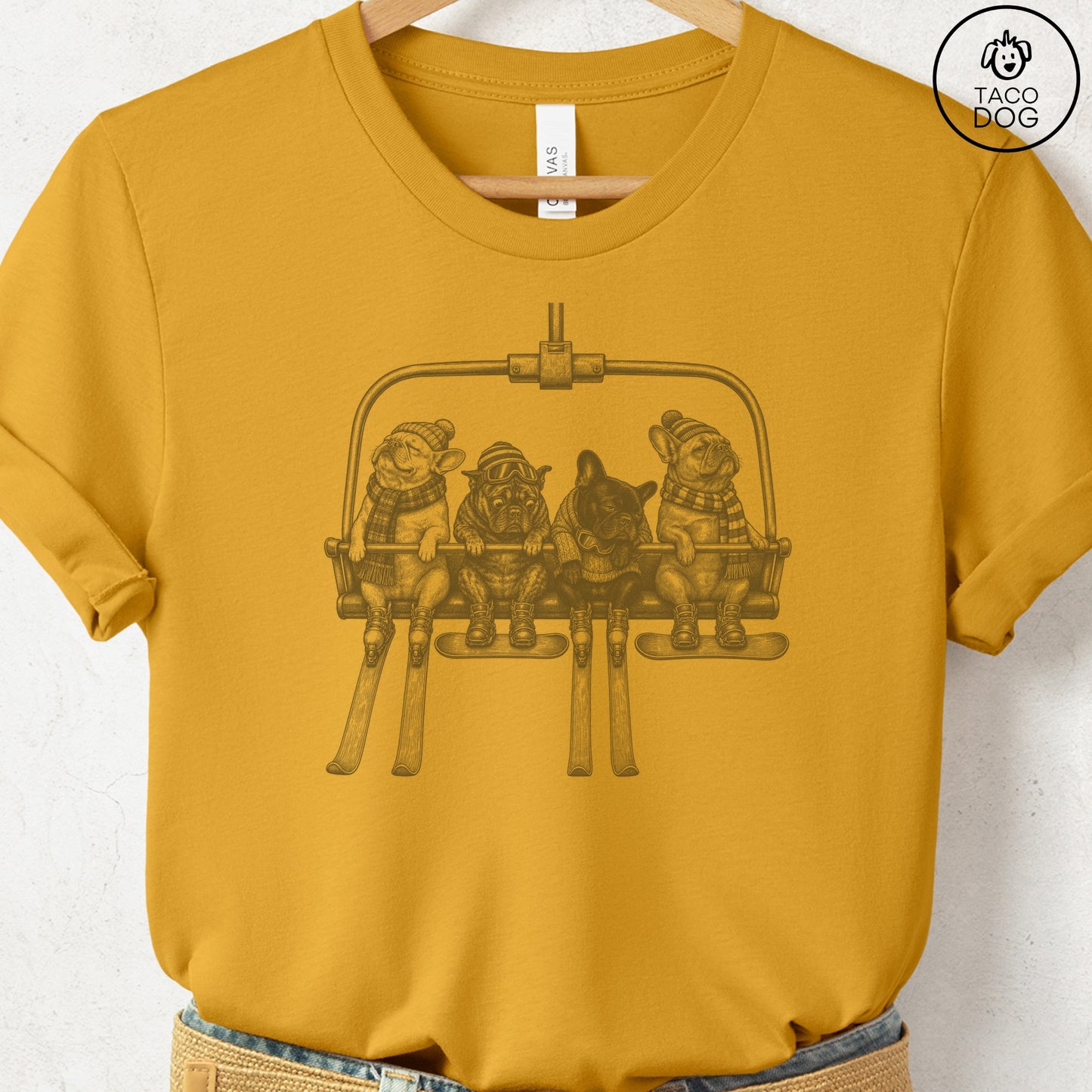 French Bulldog Frenchie Chair Lift T-Shirt Mustard Taco-Dog