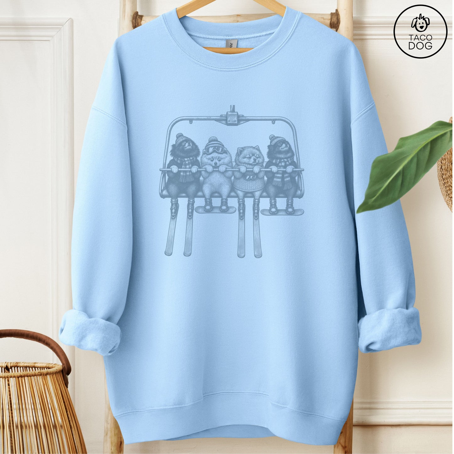 Pomeranian Chair Lift Sweatshirt Light Blue Taco-Dog