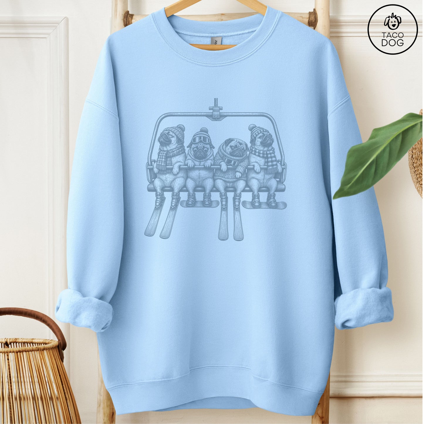 Pug Chair Lift Sweatshirt Light Blue Taco-Dog