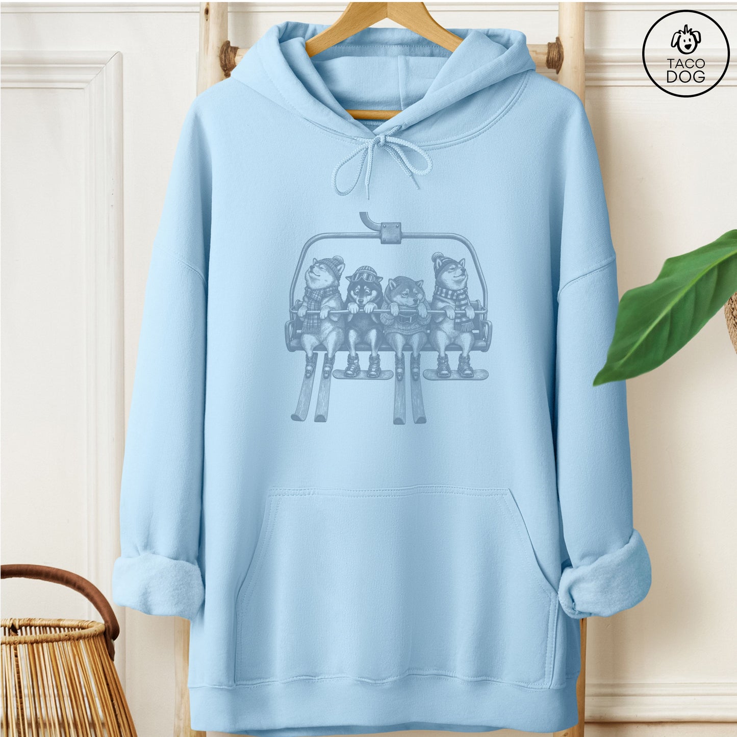 Shiba Inu Chair Lift Hoodie Light Blue Taco-Dog