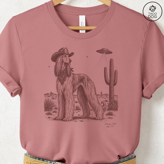 Afghan Hound Cowboy UFO T-Shirt Heather Mauve Taco-Dog