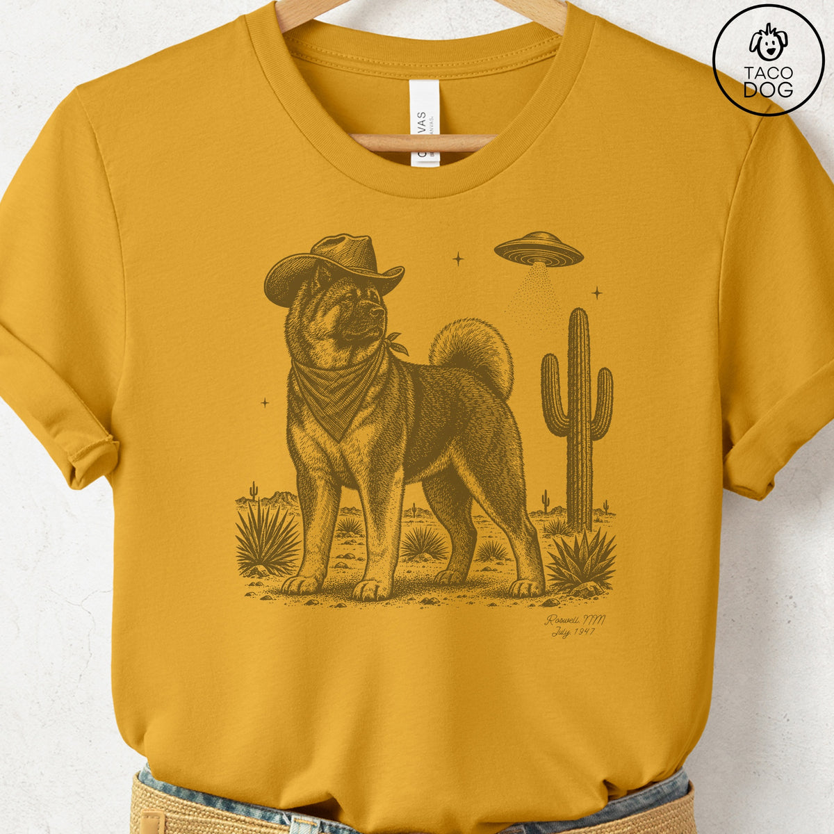 Akita Cowboy UFO T-Shirt Mustard Taco-Dog