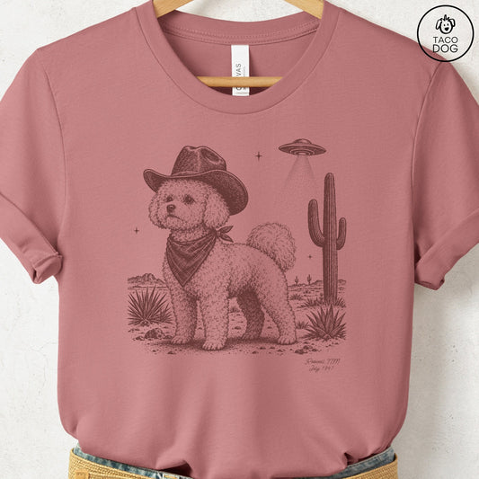 Bichon Frise Cowboy UFO T-Shirt Heather Mauve Taco-Dog