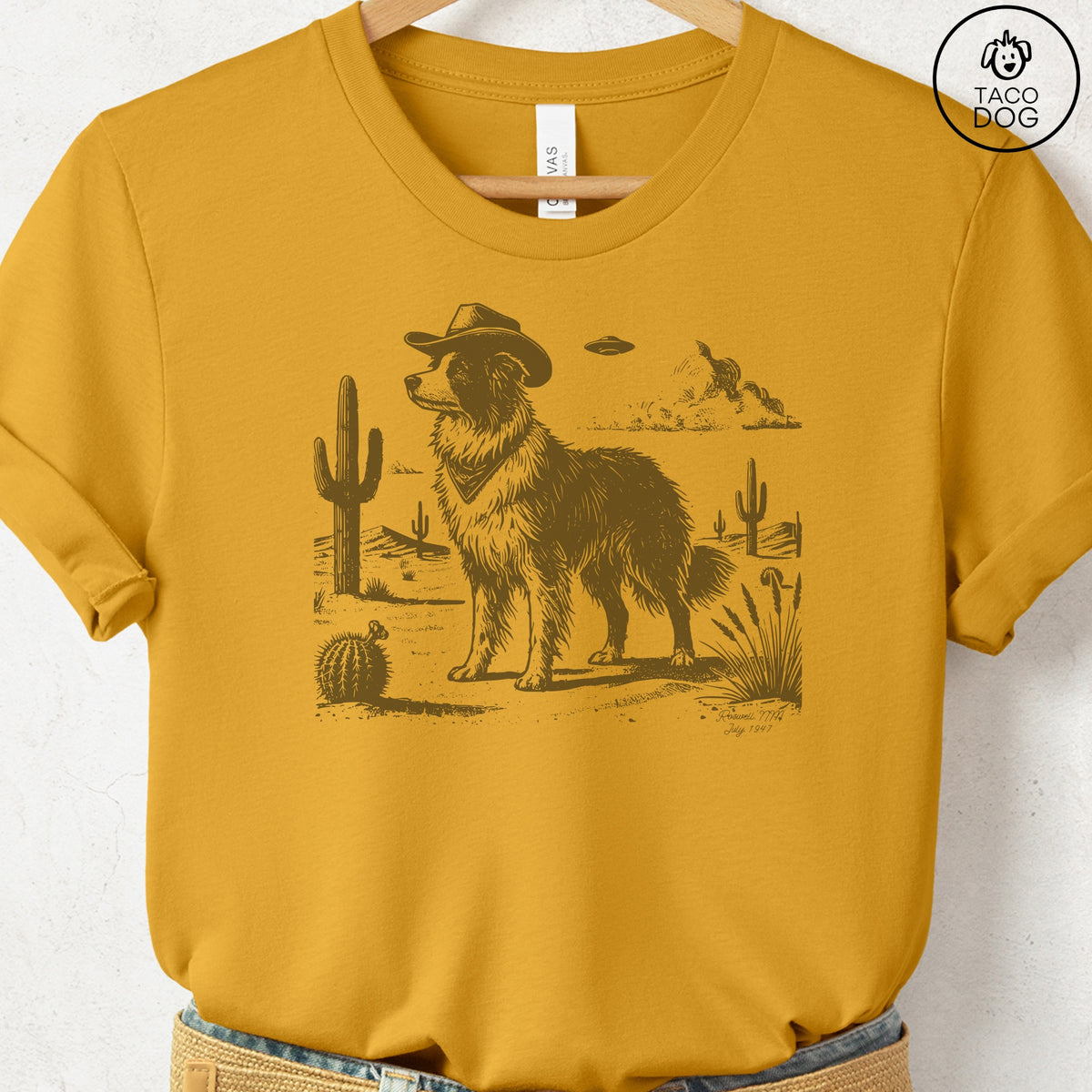 Border Collie Cowboy UFO T-Shirt Mustard Taco-Dog
