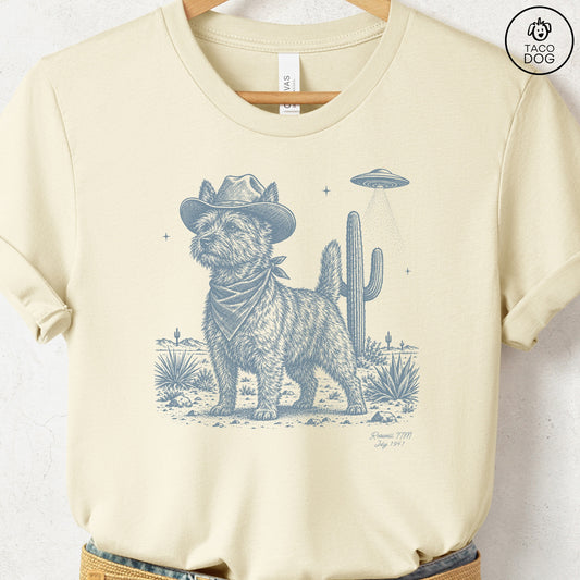 Cairn Terrier Cowboy UFO T-Shirt Natural Taco-Dog