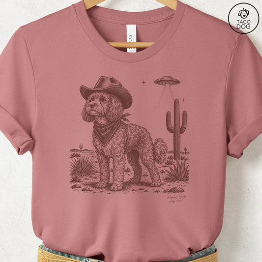Cavapoo Cowboy UFO T-Shirt Heather Mauve Taco-Dog