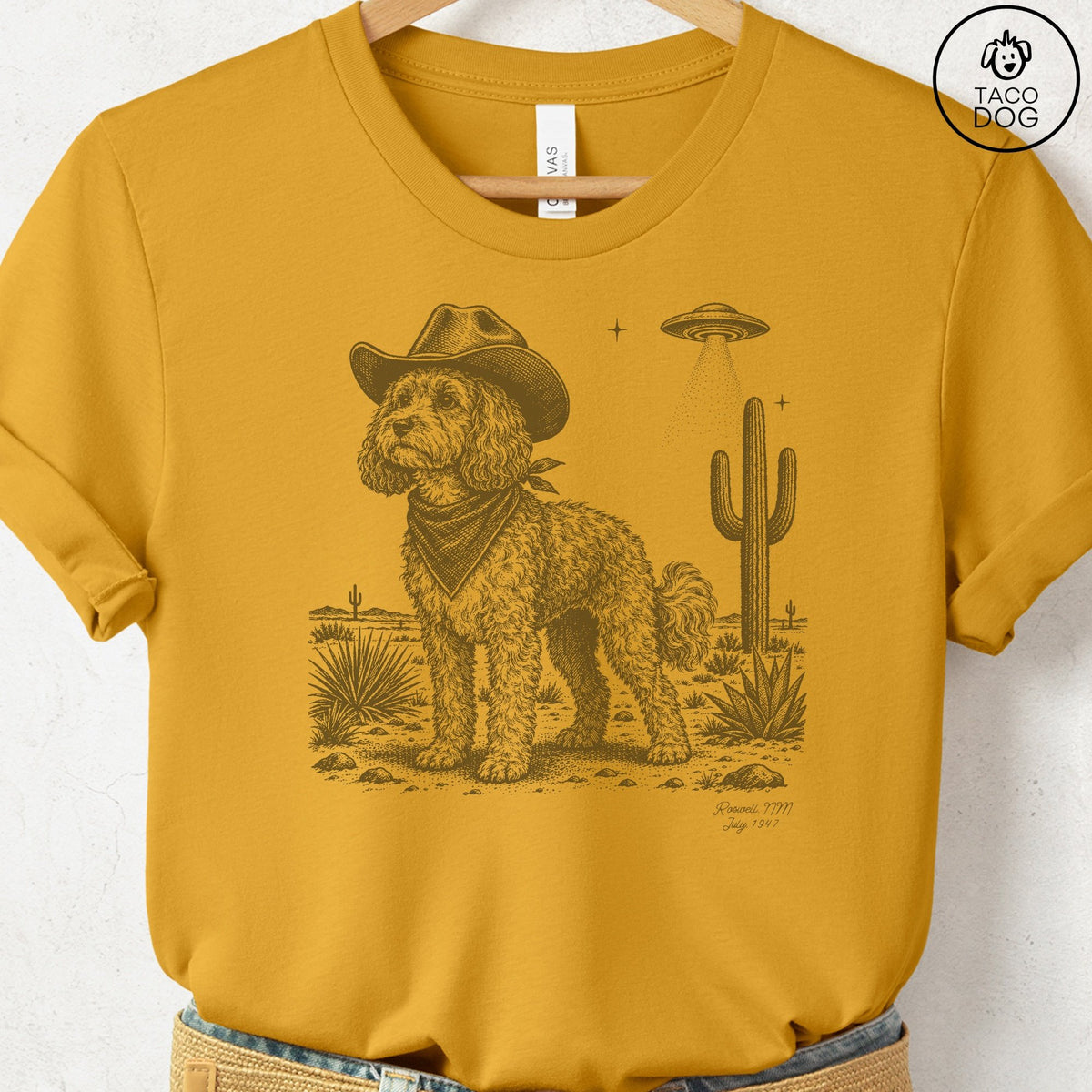 Cavapoo Cowboy UFO T-Shirt Mustard Taco-Dog