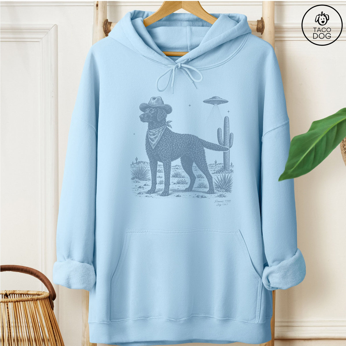 Curly-Coated Retriever Cowboy UFO Hoodie Light Blue Taco-Dog