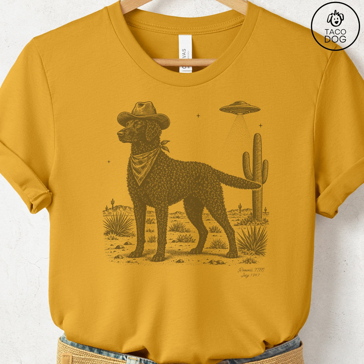 Curly-Coated Retriever Cowboy UFO T-Shirt Mustard Taco-Dog