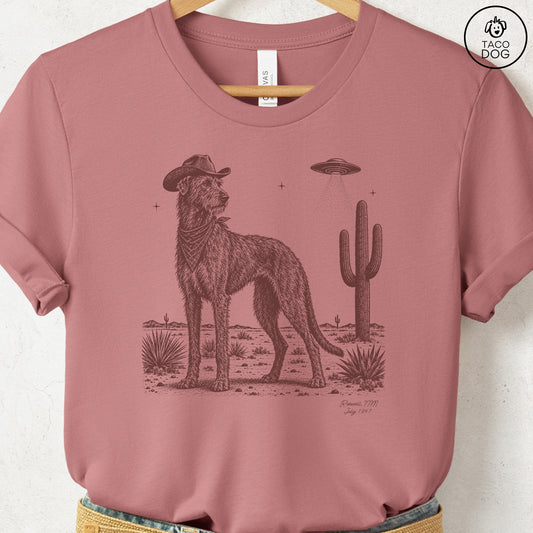 Irish Wolfhound Cowboy UFO T-Shirt Heather Mauve Taco-Dog