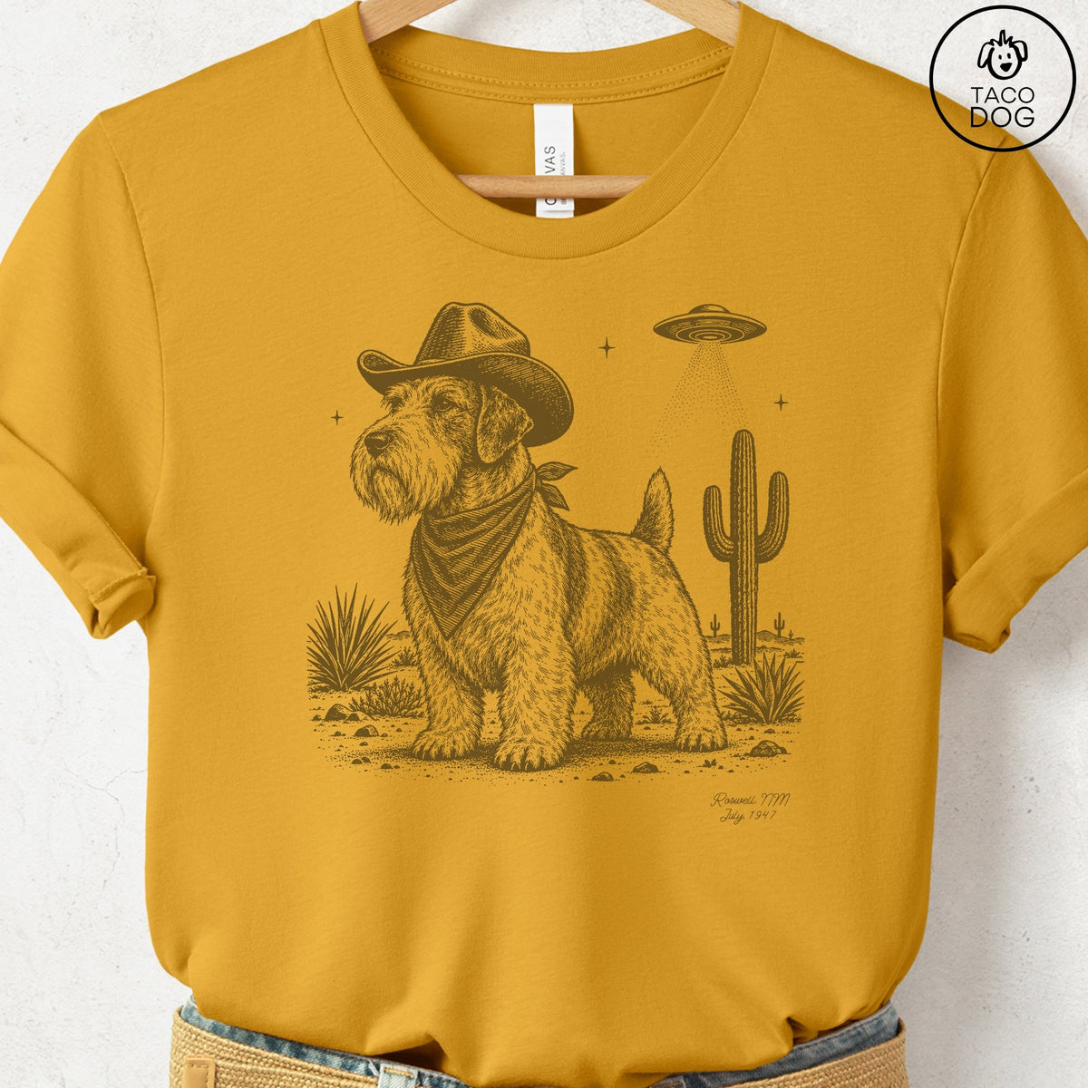 Sealyham Terrier Cowboy UFO T-Shirt Mustard Taco-Dog