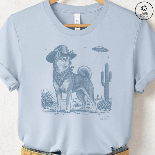 Shiba Inu Cowboy UFO T-Shirt Light Blue Taco-Dog