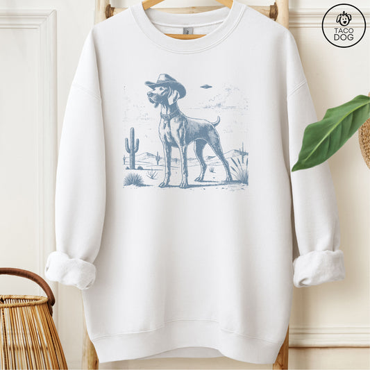 Weimaraner Cowboy UFO Sweatshirt White Taco-Dog