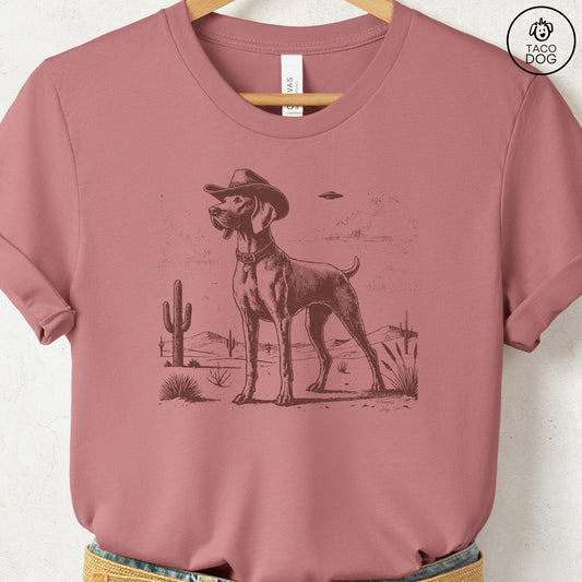 Weimaraner Cowboy UFO T-Shirt Heather Mauve Taco-Dog