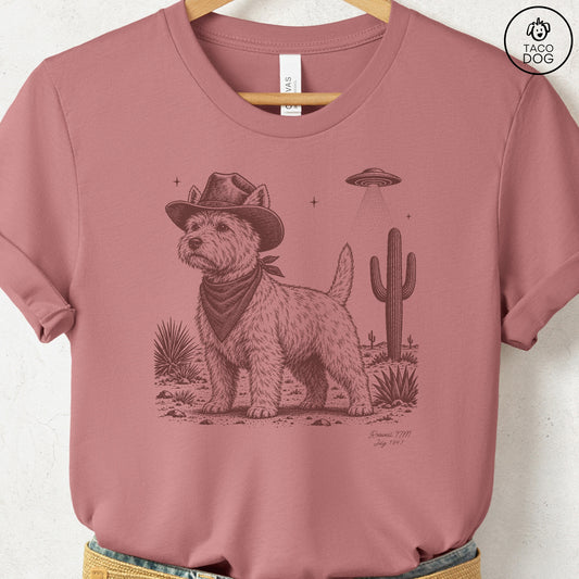 Westie Cowboy UFO T-Shirt Heather Mauve Taco-Dog