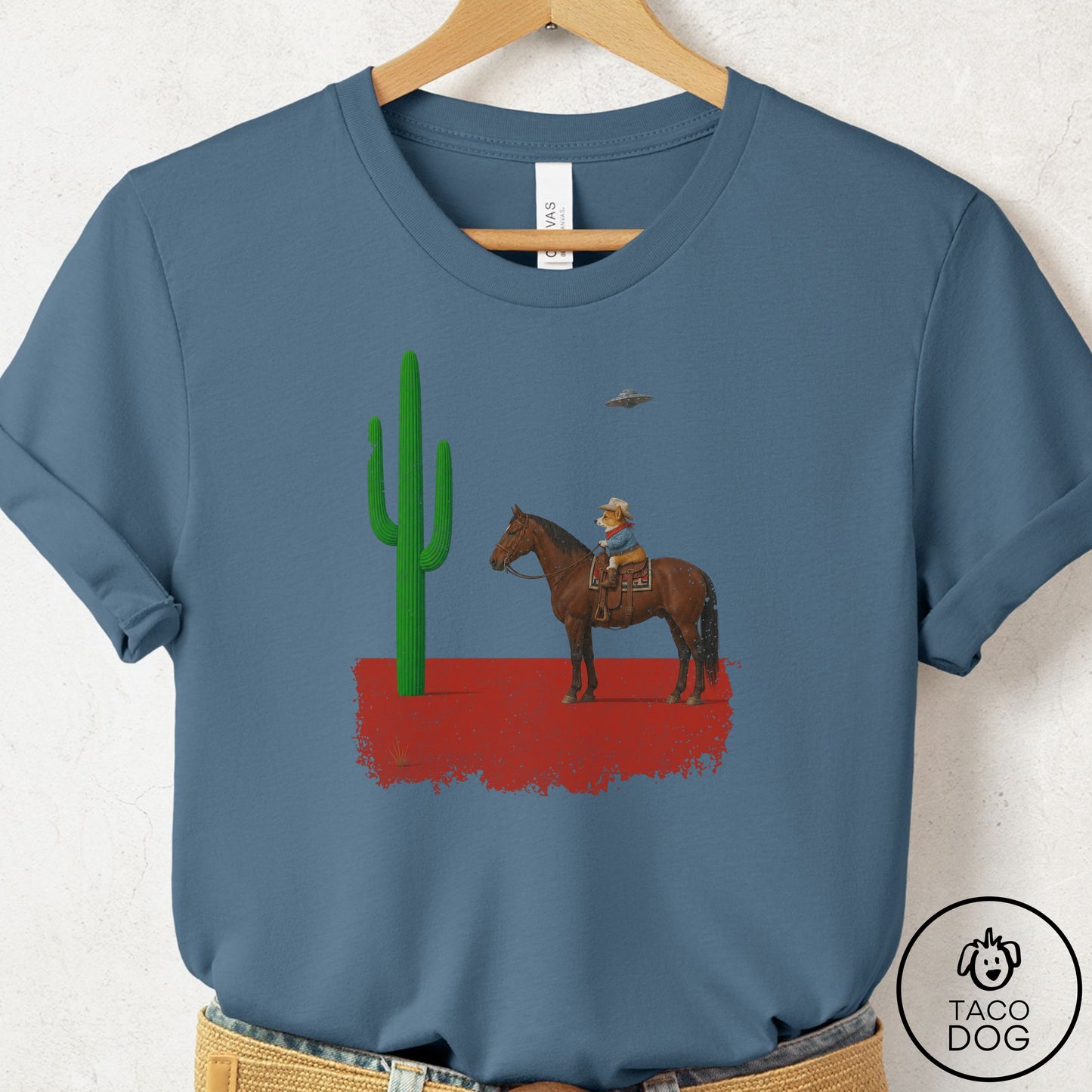 Corgi Cowboy Cactus T-Shirt Steel Blue Taco-Dog