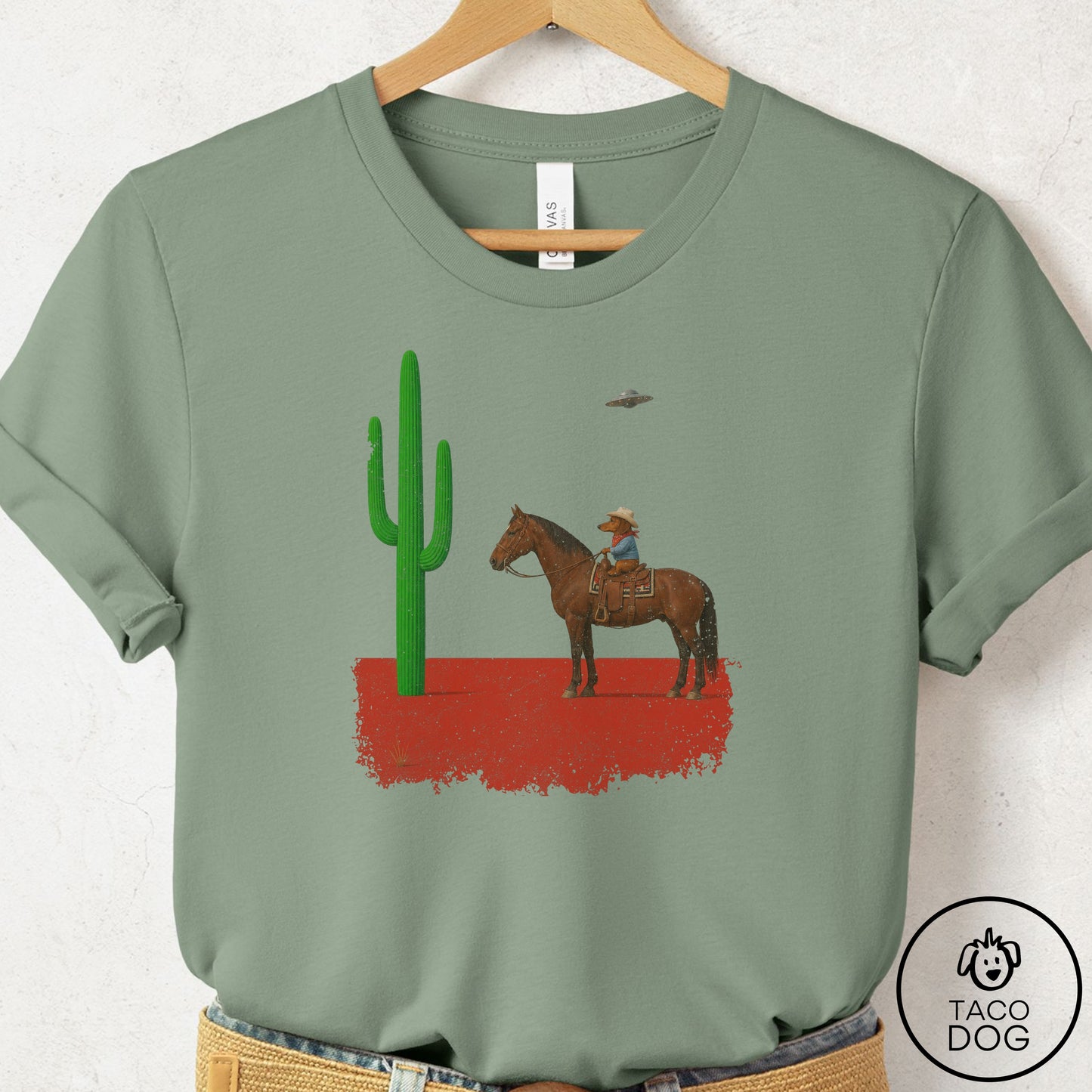 Dachshund Cowboy Cactus T-Shirt Sage Taco-Dog