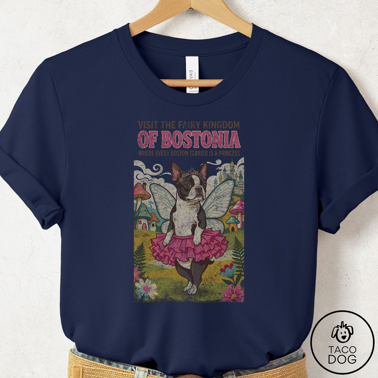 Boston Terrier Fairy Kingdom T-Shirt Navy Taco-Dog