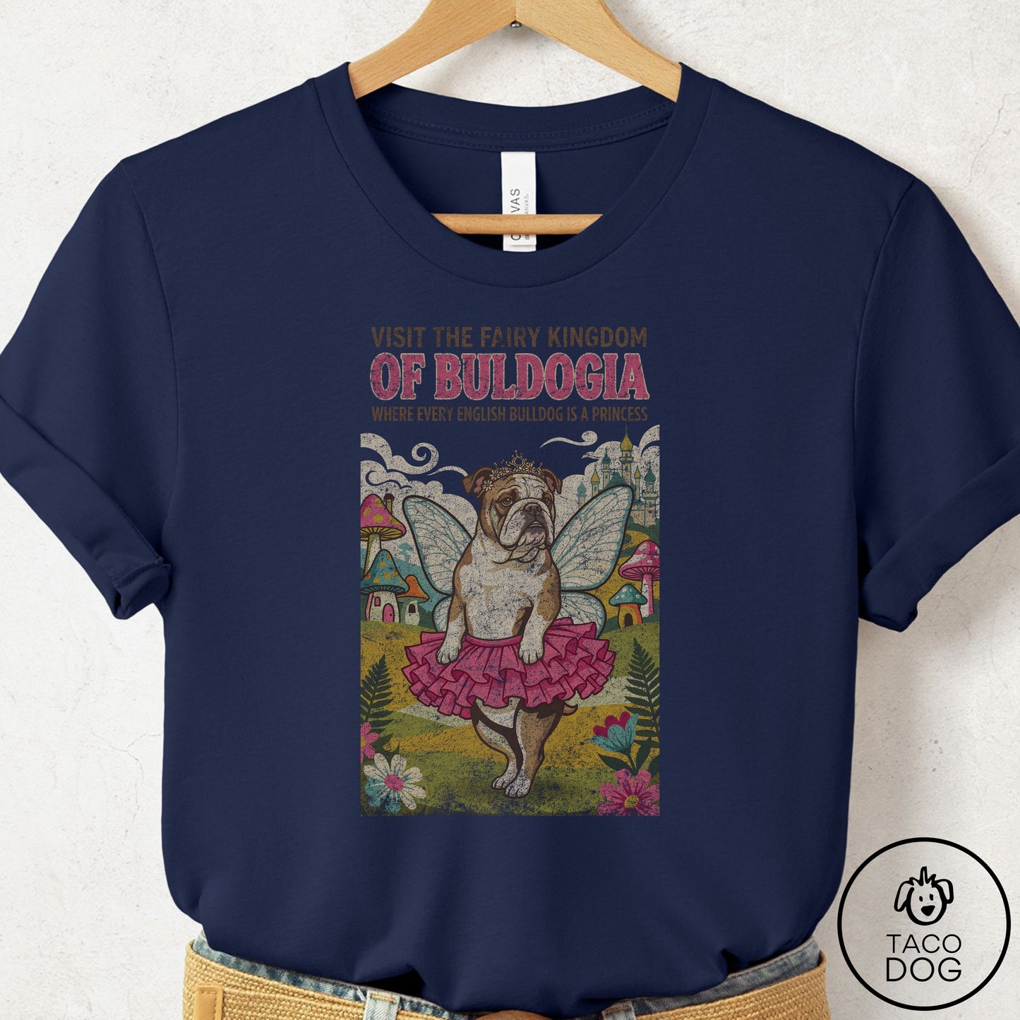 English Bulldog Fairy Kingdom T-Shirt Navy Taco-Dog