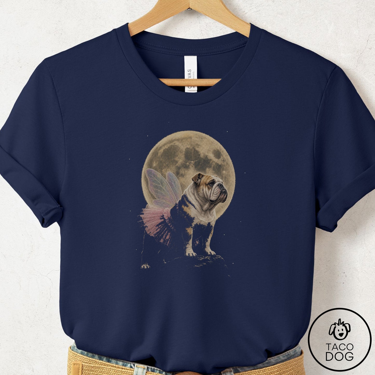 English Bulldog Fairy Moon T-Shirt Navy Taco-Dog