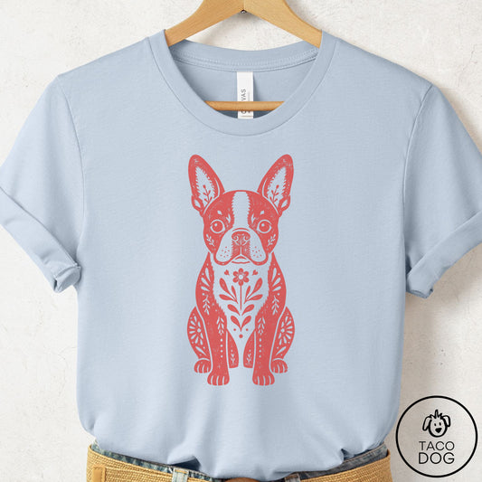 Boston Terrier Folk Art Dog T-Shirt Light Blue Taco-Dog