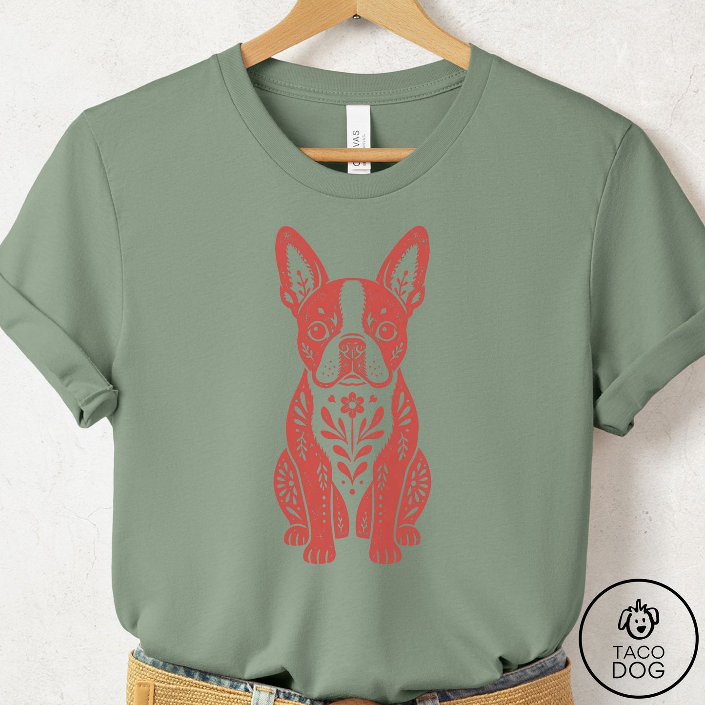 Boston Terrier Folk Art Dog T-Shirt Sage Taco-Dog