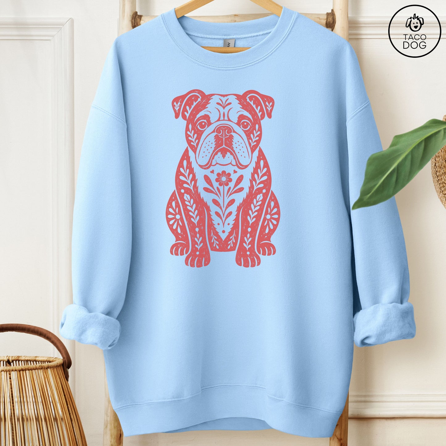 English Bulldog Folk Art Dog Sweatshirt Light Blue Taco-Dog