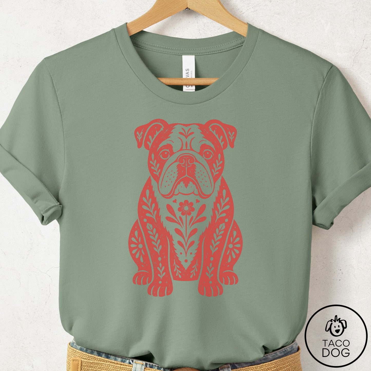 English Bulldog Folk Art Dog T-Shirt Sage Taco-Dog