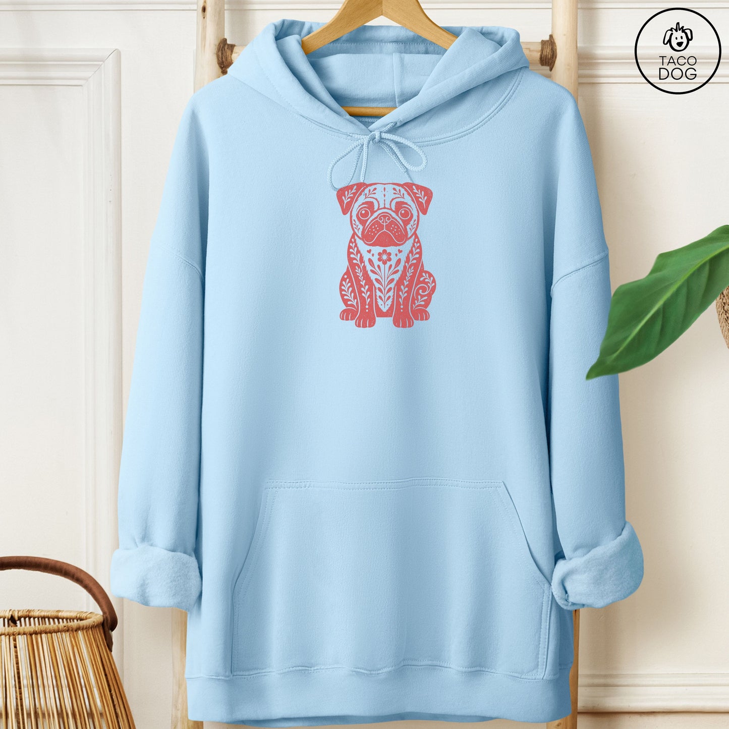 Pug Folk Art Dog Hoodie Light Blue Taco-Dog